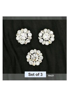 Set of 3 Clear Rhinestone Flower Metal Buttons Platinum-tone Metal Shank 23mm